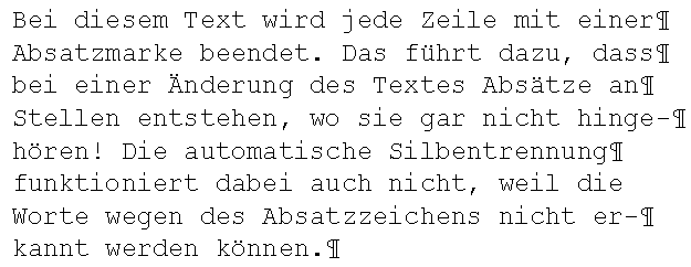 Text mit Absatzmarkierungen an jedem Zeilenende